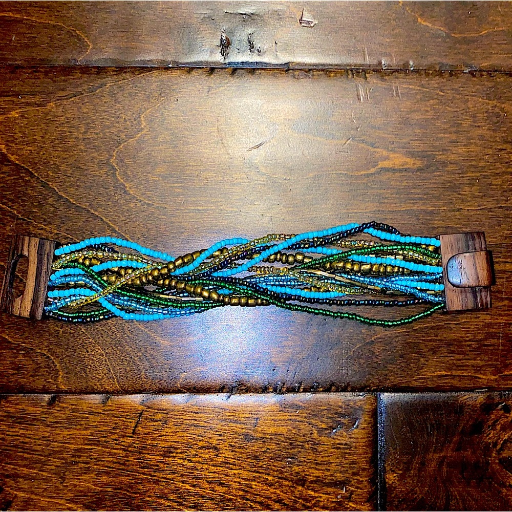 Everything But Water Gathered Multi-Strand Beaded Bracelet in Teal Blue Gold